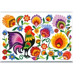 A Polish paper cut scene featuring a traditional rooster. This magnet is about the size of a business card, is non-flexible with a strong magnet.