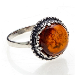 Honey colored Round Amber - Sterling Silver 'Regal' Ring. Size approx. .75" round.