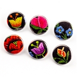 These small pinback buttons are bright and colorful, featuring traditional Polish folk designs on a black background. We make these buttons in house, a Polish Art Center exclusive! Set of 6 buttons.