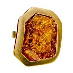Sparkling honey amber cabochon set in a gold vermeil adjustable (one time) ring. Size approx. 1.25" x 1" x .5".