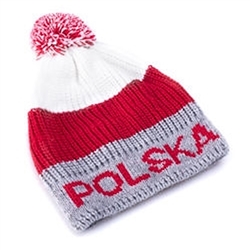 Display your Polish heritage! Stretch knit cap with the word Polska (Poland) in red letters.. Easy care acrylic fabric. Fully lined. Once size fits most. Imported from Poland.