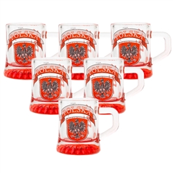 Set of (6) glass shot glasses, emblazoned on one side with Polska and the  Polish eagle on a shield, and the famous toast: "Na Zdrowie" (To Your Health) on the other side.