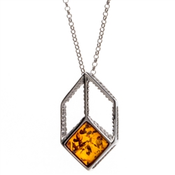 Sterling silver artistic pendant with a beautiful honey amber cabochon square. Pendant size is approx. 1" x .5".  Chain size is 16" - 18" adjustable.