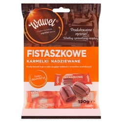Caramels of characteristic shape with dark stripes, manufactured by hand, like in the past. Classic recipe of Fistaszkowe Filled Candies is a delicious peanut filling enclosed in sweet caramel.