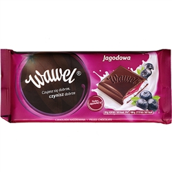 At Wawel, our tradition of chocolate making dates back through generations. Delicious Polish dark chocolate with a blueberry and yogurt cream filling.