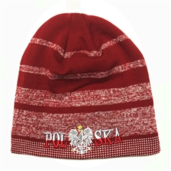 Display your Polish heritage! Red stretch knit skull cap, which features Poland's national symbol the crowned eagle. Easy care acrylic fabric. Fully Lined. One size fits most. Imported from Poland.