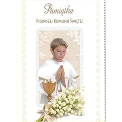 Polish First Communion Card - This card is beautifully embellished with shimmering detail around the frame and on the flowers that is appropriate for a boy.