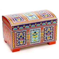 This footed locking box is decorated with painted folk designs and flowers on the top, front and both sides; the back is solid red. 
&#8203;Exterior size is approx 6" L X 3.75" W x 4" H.