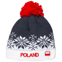 Display your Polish heritage! Stretch knit cap with the word Poland in red letters.. Easy care acrylic fabric.  One size fits most. Imported from Poland.