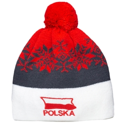 Display your Polish heritage! Stretch knit cap with the word Poland in red letters.. Easy care acrylic fabric.  One size fits most. Imported from Poland.