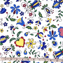 100% Cotton. Fabric is 63" wide. Price is per half meter (19.5") length. We make one cut to fill the entire length that you require. All sales are final and are non-returnable. Imported from Poland