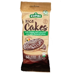 Super delicious rice cake covered on one side with rich Belgian dark chocolate (53%) sprinkled with mint flavoured pieces. 4 cakes to a package.