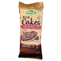 Super delicious rice cake covered on one side with rich Belgian dark chocolate (56%) sprinkled with freeze dried raspberry pieces. 4 cakes to a package.