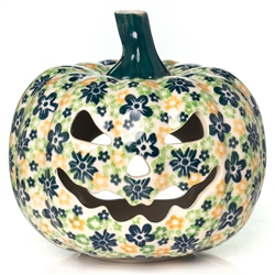 Polish Pottery 7" Pumpkin Jack-O'Lantern. Hand made in Poland and artist initialed.