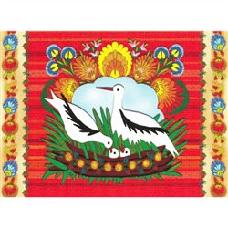 This beautiful note card features a family of nesting storks as they raise their young each summer in Poland.  The scene is framed in a bright red floral background. The mailing envelope features flowers in both the foreground and background. Spectacular!