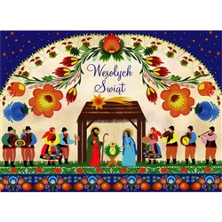 A beautiful glossy Christmas card featuring the Holy Family surrounded by villagers in Polish Lowicz folk custumes below a large wycinanka (paper cut).