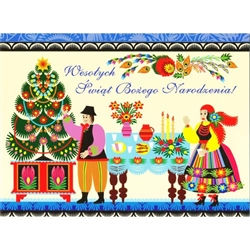 A beautiful glossy Christmas card featuring a couple in Polish Lowicz folk custumes preparing their home for Wigilia.