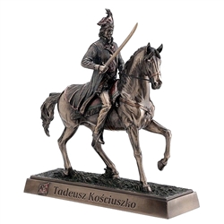 This spectacularly detailed statue of Tadeusz Kosciuszko is made using a process known as cold cast bronze with an antique finish.  Size is approx 10.75" x 9.5" x 3.25.