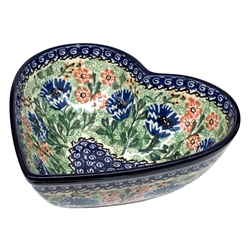 Polish Pottery 7" Heart Shaped Bowl. Hand made in Poland. Pattern U2448 designed by Irena Maczka.