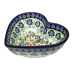 Polish Pottery 7" Heart Shaped Bowl. Hand made in Poland. Pattern U4218 designed by Krystyna Dacyszyn.