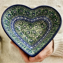 Polish Pottery 7" Heart Shaped Bowl. Hand made in Poland. Pattern U114 designed by Maryla Iwicka.
