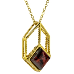 Gold plate over sterling silver artistic pendant with a beautiful cherry amber cabochon square. Pendant size is approx. 1" x .5". Chain size is 16" - 18" adjustable.