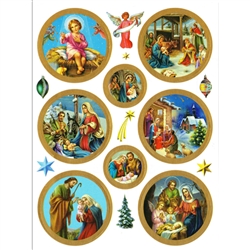 Set of 8 Religious Christmas stickers. Sheet size is 6.25" x 4.5"