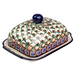 Polish Pottery 7" Butter Dish. Hand made in Poland. Pattern U42 designed by Anna Pasierbiewicz.