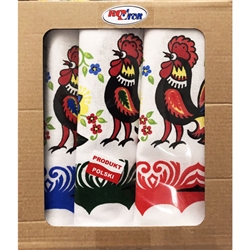 Beautiful set of three 100% cotton tea towels made in Poland. Size approx 24.5" x 18" Gift boxed. Each features the word Polska (Poland) surround by paper cut designs. Towels can be either green, blue, red or gray. 3 assorted colors in each box.