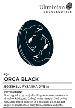Non-edible chemical dye. Orca Black is often the last and final colour used on a pysanka designed eggshell. It allows all the other colours to "pop" and bring brilliance to your pysanka. It's also beautiful as a one colour pysanka. Have fun using Orca Bla