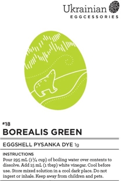 Non-edible chemical dye. Borealis Green is a bright Lime Green pysanka eggshell dye that would work well as a colour used in the beginning of your dye process.  It's a wonderful colour to use as a true Easter colour and goes very well with Canola Yellow,