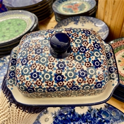 Polish Pottery 7" Butter Dish. Hand made in Poland and artist initialed.