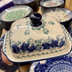 Polish Pottery 7" Butter Dish. Hand made in Poland and artist initialed.