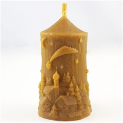 Solid Polish beeswax candle with a Christmas village scene. Size is 4" tall x 2.25" x 1.75". Our beeswax comes from the Nowy Sacz region in southeastern Poland. Please note: The product may differ from the one shown in the picture (the shade of the wax -