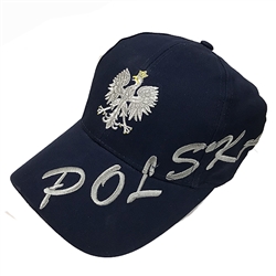 Stylish blue cap with silver and white thread embroidery. The cap features a silver Polish Eagle with gold crown and talons. Features an adjustable cloth and metal tab in the back. Designed to fit most people.