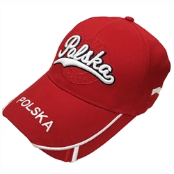 Stylized red cap with silver, white and black thread embroidery. The cap features a stylized Polska logo.  Features an adjustable cloth and metal tab in the back. Designed to fit most people.