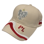 Stylish cream cap with silver and white thread embroidery. The cap features a silver Polish Eagle with gold crown and talons. Features an adjustable cloth and metal tab in the back. Designed to fit most people.