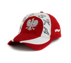 Stylish red and white cap with silver, white and black thread embroidery. The cap features a silver Polish Eagle with gold crown and talons. Features an adjustable cloth and metal tab in the back. Designed to fit most people.