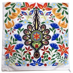 Beautiful stuffed folk design pillow. 100% polyester and made in Poland. Two different design on the front and back. Zipper on one side for convenient cleaning.