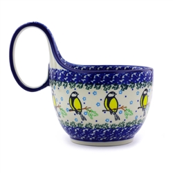 Polish Pottery 14 oz. Soup Bowl with Handle. Hand made in Poland and artist initialed.