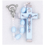 Polish Art Center - 18" Blue Oval Plastic Bead Rosary with Matching Color Crucifix Fine Quality Imported from Italy with Quadruple Link