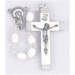 Polish Art Center - 18" White Oval Plastic Bead Rosary with Matching Color Crucifix Fine Quality Imported from Italy with Quadruple Link