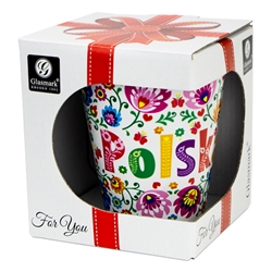 This colorful ceramic mug features beautiful Polish paper cut art. Hand wash only. Made In Poland. 250ml/8.5oz capacity.