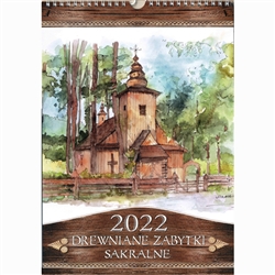 This beautiful large format spiral bound wall 14 month calendar features the works of Polish artist Katarzyna Tomala. 14 historical wooden churches from around Poland in watercolours.