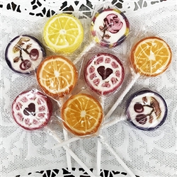 Assorted fruit flavored Small lollipops, each individually wrapped. Made In Poland