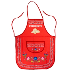 A perfect gift for that special "Polka"! A red kitchen apron, with the words: "Pierogi Queen" printed on top. Great for indoor use or that summer barbecue. Note that every time we order these from Poland the design/trim changes slightly.