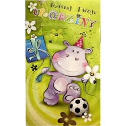 Polish Kids Birthday Greeting Card that is a fun Pop up Sto Lat Hippo with a birthday cake!
&#8203;This card is only in Polish language