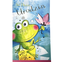Polish Kids Birthday Greeting Card that is a fun Pop up Frog!
This card is only in Polish language