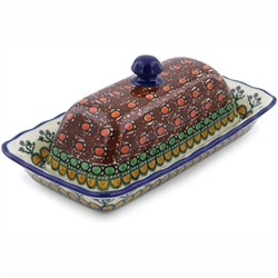 Polish Pottery 9" Butter Dish. Hand made in Poland. Pattern U79 designed by Teresa Liana.