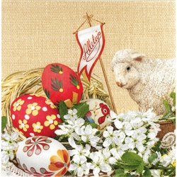 Celebrate the Eggs season with these beautiful napkins. These original designs will make any table festive. Three ply napkins with water based paints used in the printing process.